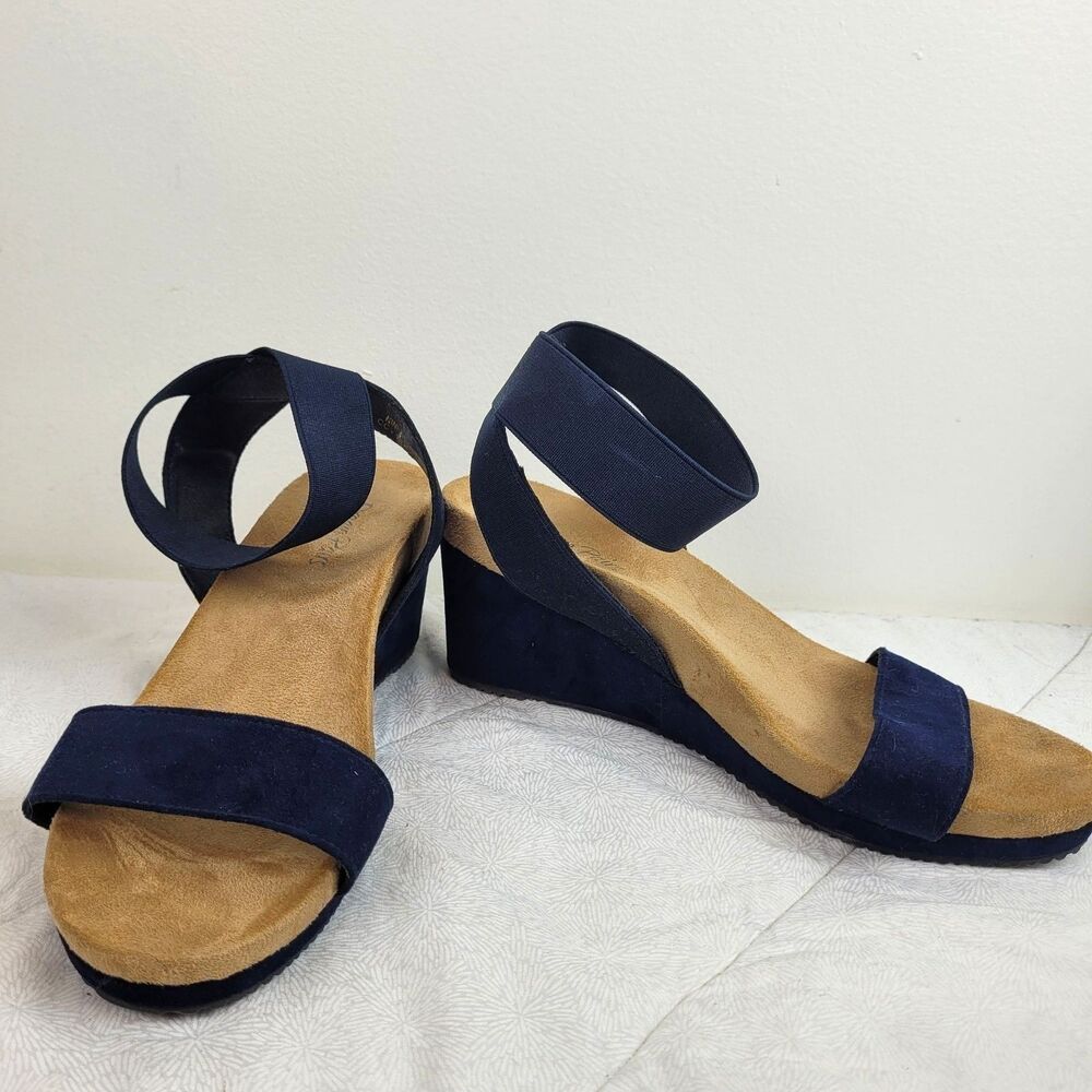 Dream Pairs Women's Navy Sandals Elastic Ankle Strap Open Toe Wedge Comfy Size 8